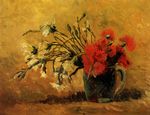 Vase with Red and White Carnations on Yellow Background